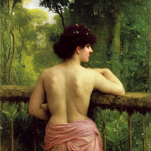 Image similar to a renaissance oil painting by alma tadema of a woman turned back on a stone balcony covered in moss with over shoulder view on a jungle, colourful pastel, detailed academic bouguereau, sharp focus