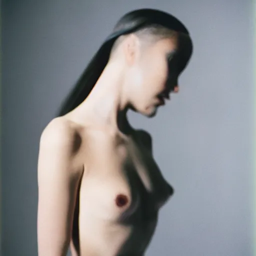 Image similar to realistic photoshoot for a new off-white lookbook, color film photography, portrait of a nud beautiful girl in style of tyler Mitchell, 35mm, graflex