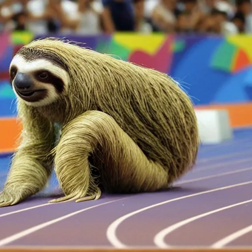 Image similar to a sloth, in a 1 0 0 m race against animals, at the tokyo olympics, with animals in the audience, in painting form