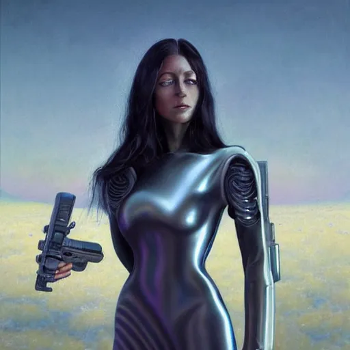 Image similar to pleiadian woman with big eyes and long silver hair wearing a dark body suit and holding a plasma gun as a realistic sci fi character, portrait art by donato giancola and greg rutkowski, digital art, trending on artstation, standing in a barren field, long silver hair, full body