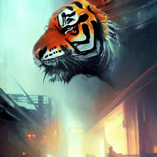 Image similar to hyperrealistic portrait of an athropomorphic tiger wearing military clothes, bladerunner street, art of elysium by jeremy mann and alphonse mucha, fantasy art, photo realistic, dynamic lighting, artstation, poster, volumetric lighting, very detailed face, 4 k, award winning, cinematic lighting, deviantart, artstation, cg society