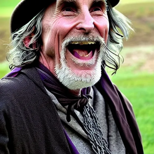 Image similar to christian bale as an old druid wizard, bald, bushy grey eyebrows, long grey hair, disheveled, wise old man, wearing a grey wizard hat, wearing a purple detailed coat, a bushy grey beard, sorcerer, he is a mad old man, laughing and yelling