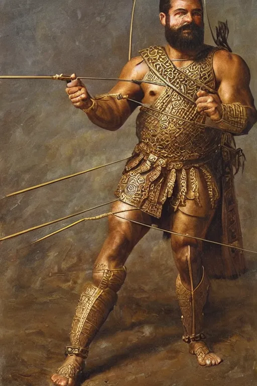 Prompt: ancient Mesopotamian warrior, thick braided beard, intricate bronze armour, very muscly, dark skin, strongman, big smile. holding a bow and arrows. Full body dynamic action pose. Oil painting. masterwork.