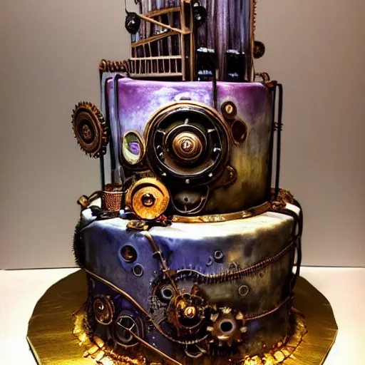 Image similar to a beautiful detailed 3 d matte portrait of a steam punk birthday cake, ominous, magical realism, texture, intricate, whirling smoke radiant colors, fantasy, volumetric lighting, high details