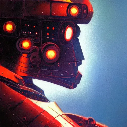 Image similar to a dark and colorful close - up side profile portrait of a sci - fi mecha robot with led lights glowing fog in the background. highly detailed science fiction painting by norman rockwell, frank frazetta, and syd mead. rich colors, high contrast, gloomy atmosphere, dark background. trending on artstation