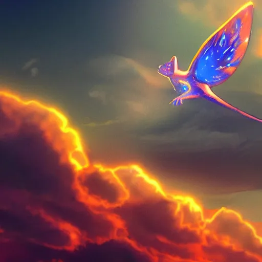 Prompt: a mouse wearing clockwork wings flying through thick orange clouds, sci-fi illustration