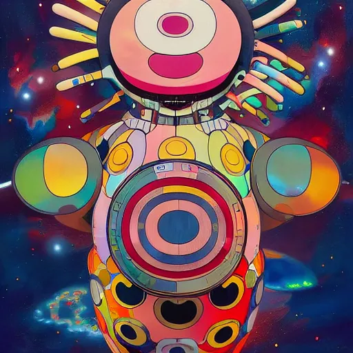 Image similar to a ai mascott by takashi murakami,, beeple and james jean, aya takano color style, 4 k, super detailed, night sky, digital art, digital painting, celestial, majestic, colorful