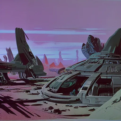 Prompt: post apocalyptic planet by syd mead