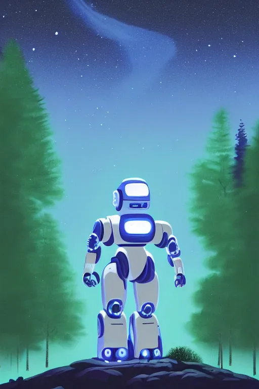 Image similar to A retro glossy white robot stands in the middle of a forest in the centre of the frame. softly glowing blue trees at night. The sky above has many stars and a beautiful blue aurora. Comet in the middle of the sky. Cyril Roland naomi okubo. Trending on artstation. Digital painting.