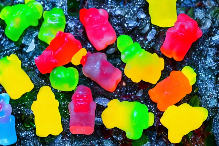 Image similar to Bali vacation photo of a group of gummy bears being swept up into a tornado 55mm