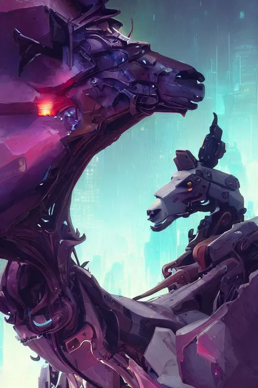 Prompt: closeup portrait of an evangelion beast mode llama, cyberpunk concept art by pete mohrbacher and artgerm and wlop and greg rutkowski and deathburger, digital art, highly detailed, intricate, sci-fi, sharp focus, Trending on Artstation HQ, deviantart, unreal engine 5, 4K UHD image, daily deviation, masterpiece llama art