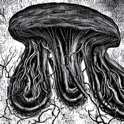 Image similar to horror alien mushroom with tendrils, oozing black goo, high detail