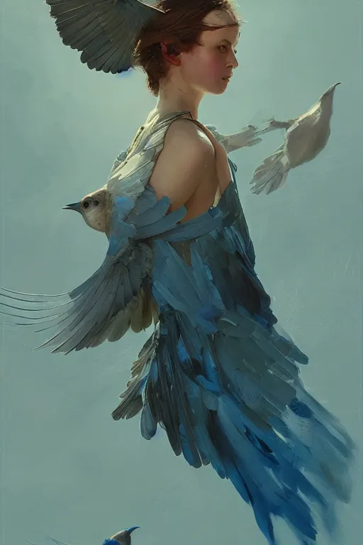 Image similar to birds flying, flock of blue birds, oil painting, sunlit, paint texture, digital painting, highly detailed, artstation, sharp focus, illustration, concept art, ruan jia, charlie bowater, tom bagshaw, norman rockwell