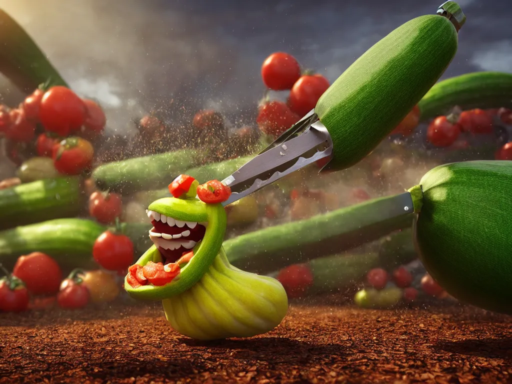 Prompt: detailed 3 d render of a raging zucchini character with peeler tool running on dirt road, scared tomates scattered everywhere, high speed action, explosions, dramatic scene, hyper realistic octane render, cinematic lighting, splatter, deviantart, black sky, lowbrow, frame from pixar movie