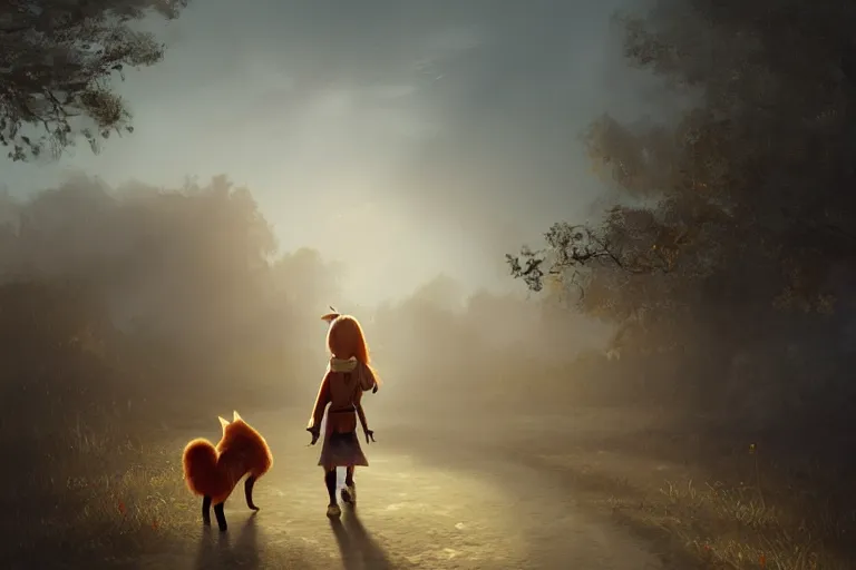 Image similar to a young girl walking to school with her pet fox, matte painting in the style of Greg Rutkowski, early morning light, sunrise, golden hour, trending on artstation