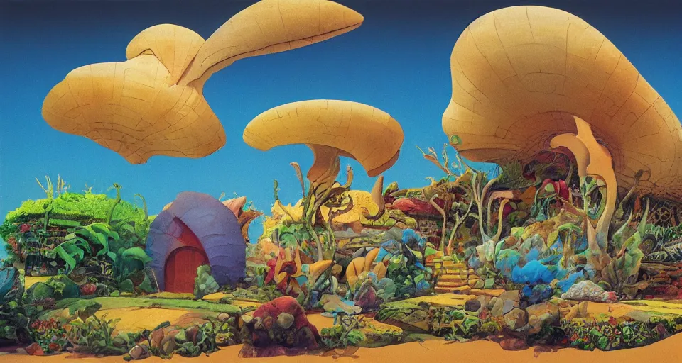 Image similar to seashell house, still life, concept art by roger dean, bill sienkiwicz and john harris, triadic color scheme