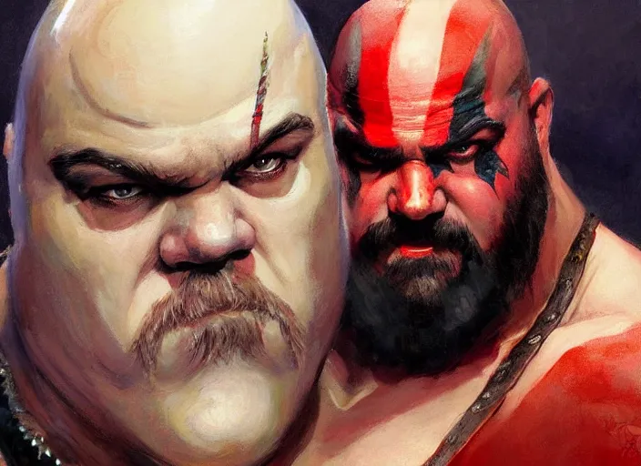 Image similar to a highly detailed beautiful portrait of jack black as kratos, by gregory manchess, james gurney, james jean