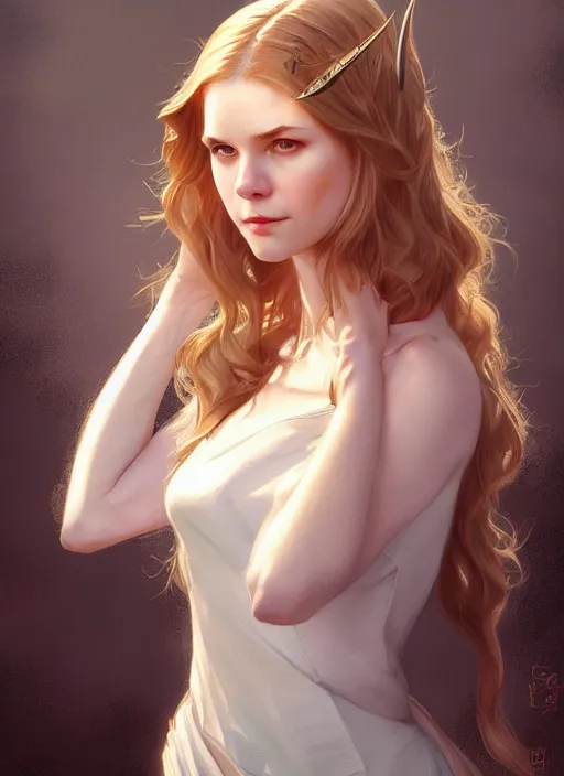 Image similar to Erin Moriarty as Lucifer morningstar, slight smile, highly detailed, digital painting, artstation, concept art, sharp focus, illustration, art by wlop and J. C. Leyendecker and Edmund Bliar Leighton and Charlie Bowater