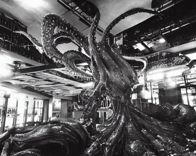 Image similar to camera footage of a extremely aggressive Giant mutated Octopus with glowing white eyes in an abandoned shopping mall, Psychic Mind flayer, Terrifying :7 , high exposure, dark, monochrome, camera, grainy, CCTV, security camera footage, timestamp, zoomed in, Feral, fish-eye lens, Fast, Radiation Mutated, Nightmare Fuel, Wolf, Evil, Bite, Motion Blur, horrifying, lunging at camera :4 bloody dead body, blood on floors, windows and walls :5