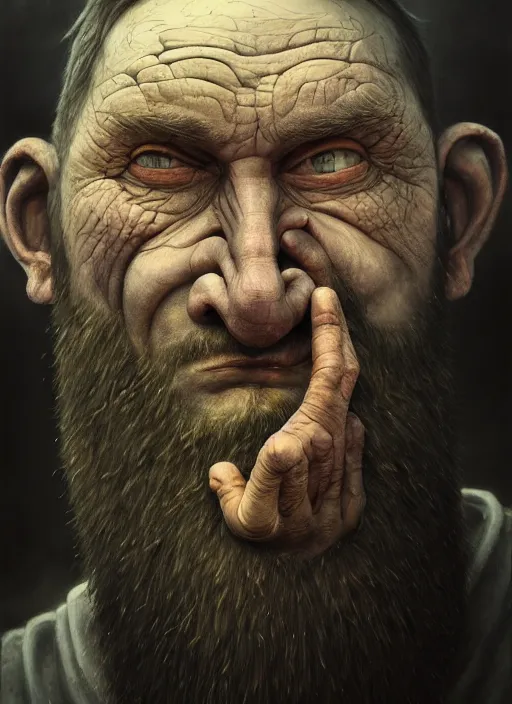 Image similar to gediminas pranckevicius | close up portrait of a monster in the sinister valley of despair, siniter facem beard, rugged face, droping poping eye,, oil painting by tomasz jedruszek, cinematic lighting, pen and ink, intricate line, hd, 4 k, million of likes, trending on artstation pus