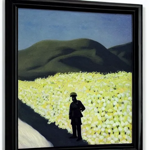 Image similar to black futuristic soldier on a land of white flowers by Edward Hopper