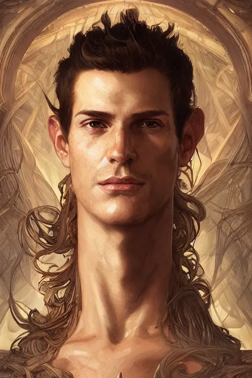 Image similar to up close portrait of a male wood fae, d & d, face, fantasy, intricate, elegant, highly detailed, digital painting, artstation, concept art, smooth, sharp focus, illustration, art by artgerm and greg rutkowski and alphonse mucha