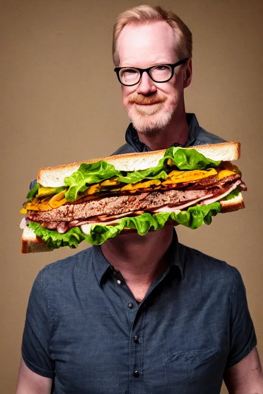 Image similar to 📷 portrait of adam savage the sandwich, made of food, still image, dynamic lighting, 4 k