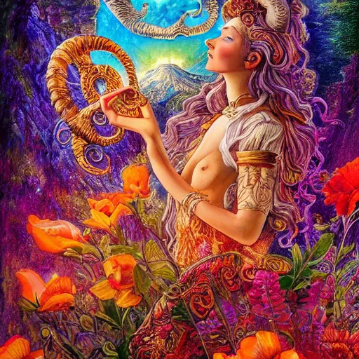 Image similar to josephine wall, horned ram goddess, checking her cell phone, erupting volcano in distance, sunset, flowers in foreground, zodiac, fantasy acrylic on canvas, intricately detailed, highly detailed, high resolution, hdr, 8 k, by senior concept artist, trending on artstation