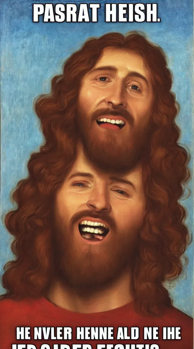 Prompt: portrait of one Jesus laughin because see a meme in him cellphone, no letters, one person