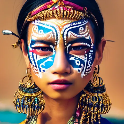 Image similar to portrait of a stunningly beautiful asian tribal female, small amount of traditional facepainting, feathers gold studded jewellery, depth of field, zeiss lens, detailed, symmetrical, centered, fashion photoshoot, by Annie Leibovitz and Steve McCurry, David Lazar, Jimmy Nelsson, Breathtaking, 8k resolution, extremely detailed, beautiful, establishing shot, artistic, hyperrealistic, beautiful face, octane render