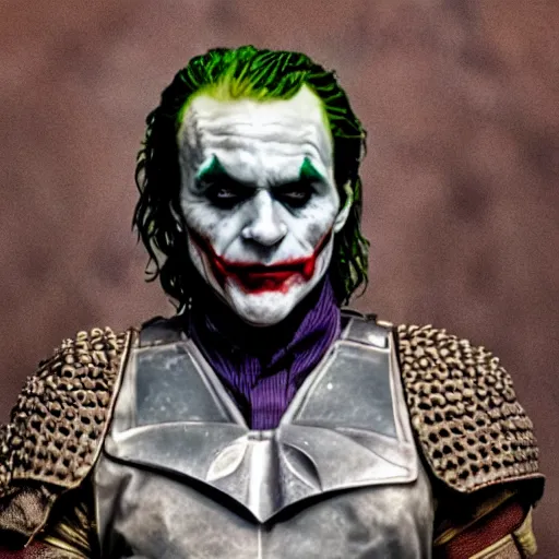 Image similar to cinematic shot of the joker wearing ancient roman soldier armor, 8 k, very detailed, very intricate,