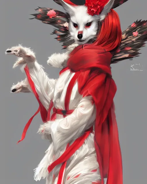 Image similar to Ssunbuki as a kitsune wearing a red and white kimono, portrait, visualartzi, korean, concept art by Karla Ortiz, James Paick, Charlie Bowater, Krenz Cushart, highly detailed, ultra detailed, ultra realistic, trending on artstation, cgstudio