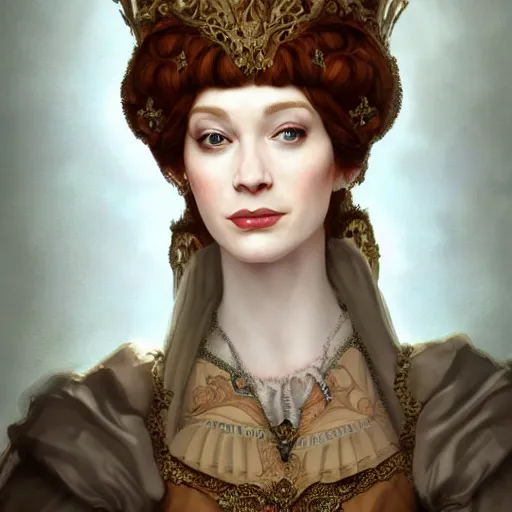 Image similar to a beautiful portrait of christina hendricks as a 1 6 th century noblewoman, fantasy, intricate, elegant, highly detailed, digital painting, artstation, concept art, matte, sharp focus, illustration, luminist and baroque style