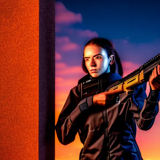 Image similar to photographic portrait of a techwear woman holding a shotgun, closeup, on the rooftop of a futuristic city at night, sigma 85mm f/1.4, 4k, depth of field, high resolution, full color, Die Hard, movies with guns, movie firearms