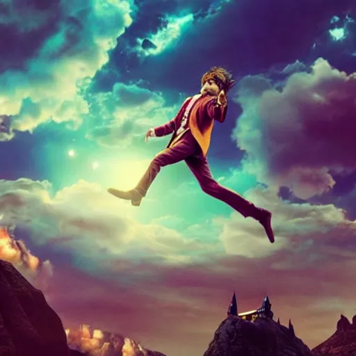 Image similar to Harry potter levitating, holding wand, colorful magic, back view, thunderclouds, cinematic shot, wide shot, epic scale, waving robe movement, photorealistic detail and quality, intricate ground stone, movie still, nighttime, crescent moon, sharp and clear, action shot, intense scene, visually coherent, symmetry, rule of thirds, movement, vivid colors, cool colors transitioning to warm colors, award winning, directed by Steven Spielberg, Christopher Nolan, Tooth Wu, Asher Duran, Greg Rutkowski