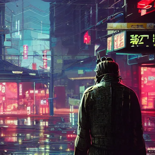 Image similar to illustration of a worn out samurai that got time travelled to a futuristic colonized Martian city while protecting his daughter from enemies, rainy day, neon glow concept art, sharp focus, cyberpunk 2077, steam punk, scifi, octane render, art by Ilya Kuvshinov, wallpaper, highly detailed, anime key visual, warm colors, epic landscape, HD digital art, artstation