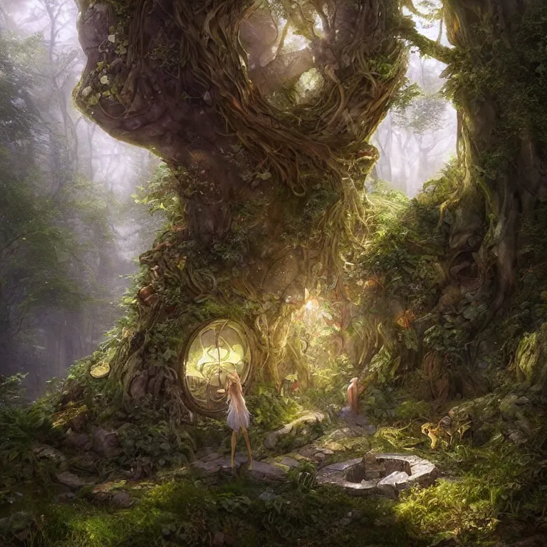 Image similar to Fantasy Magical fairy-tale stone portal in the forest. Round stone portal teleport in trees to other worlds. Fantastic landscape. Magic Altar in the fores, highly detailed, digital painting, artstation, concept art, smooth, sharp focus, illustration, art by artgerm and greg rutkowski and alphonse mucha