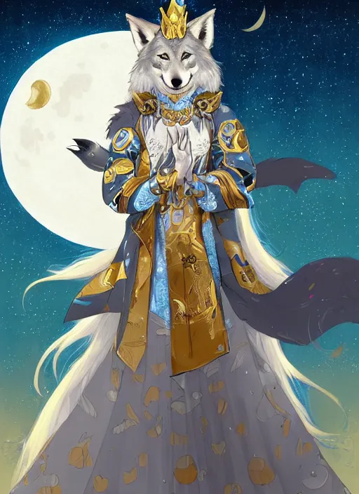 Image similar to commissioned full body portrait of a female anthro wolf princess fursona with a wolf head and white hair wearing a blue and gold Japanese armored dress in a white and gold palace on a starry night with a large crescent moon, by a professional manga illustrator, by Kilian Eng, by Sandra Chevrier, trending on artstation