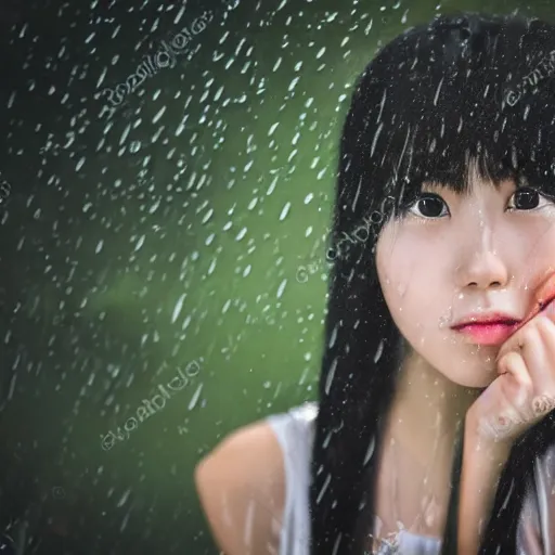 Image similar to centered portrait of beautiful Kawai Japanese girl posing in the rain