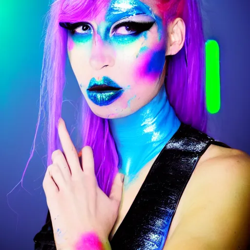 Prompt: Portrait of a beautiful cyberpunk android, blue lipstick, fluorescent pink face paint, bright green hair, metallic cyan bodysuit