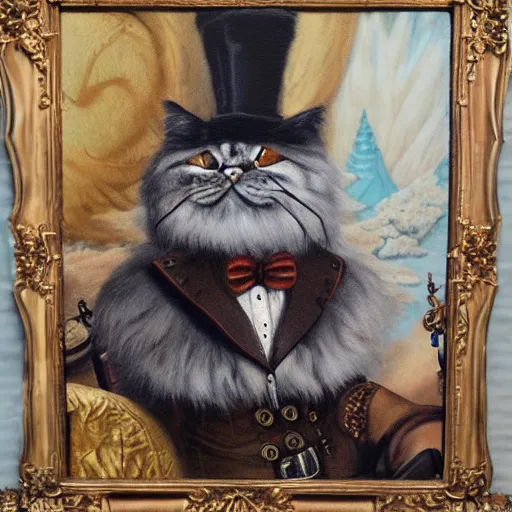 Prompt: anthromorphic fluffy himalayan cat dressed in steampunk clothing, detailed 4 k oil painting