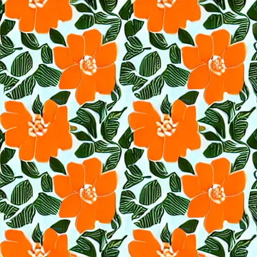 Image similar to repeating fabric pattern, minimalistic, miniature tiny orange and peach color flowers, green and brown vines and leaves, in the style of Bonnie Christine