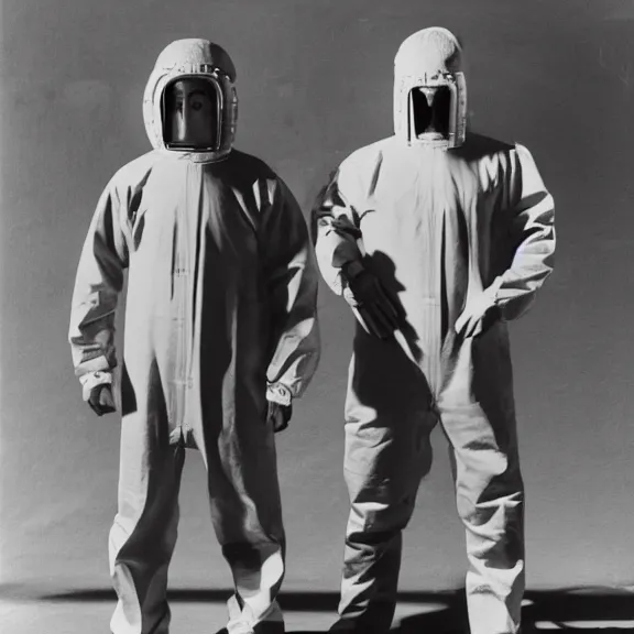 Prompt: two scientists wearing red rick owens hazmat suits with hands in pockets posing in front of the neon event horizon by frank frazetta