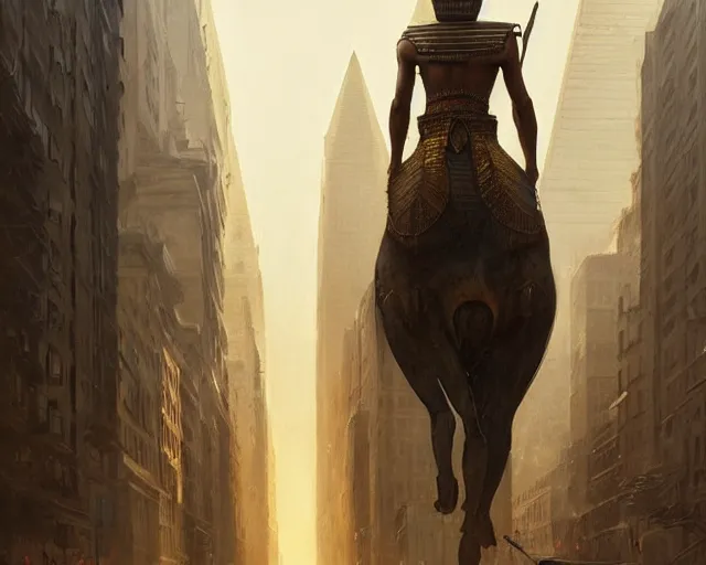 Image similar to a gigantic egyptian god walking the streets of new york, intricate, elegant, highly detailed, digital painting, artstation, concept art, matte, sharp focus, illustration, art by anders zorn and greg rutkowski and marvel