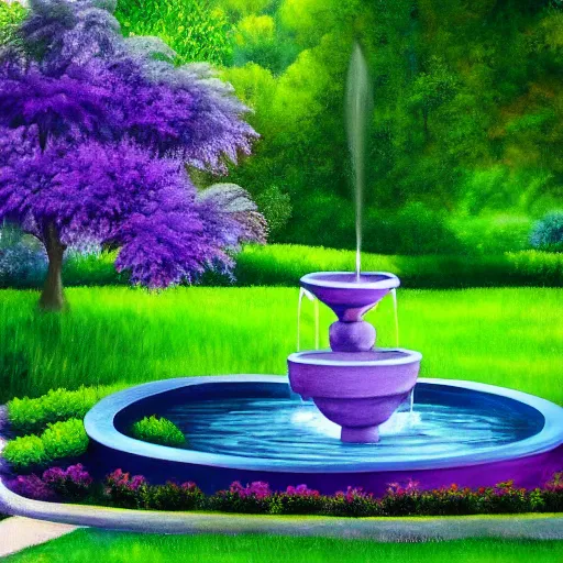 Prompt: tranquil painting of purple garden with green trees and a water fountain in the middle of garden, detailed, 8k, mesmerizing