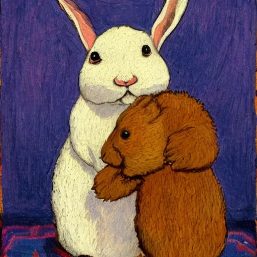 Prompt: a rabbit cuddling with a brown alpaca in the style of gifford beal