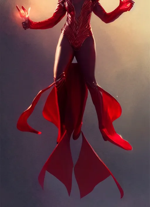 Image similar to Scarlet Witch as Lucifer morningstar, portrait, full body, hyper realistic, trending on artstation, art by wlop and J. C. Leyendecker and Edmund Bliar Leighton and Charlie Bowater, unreal engine render, octane render