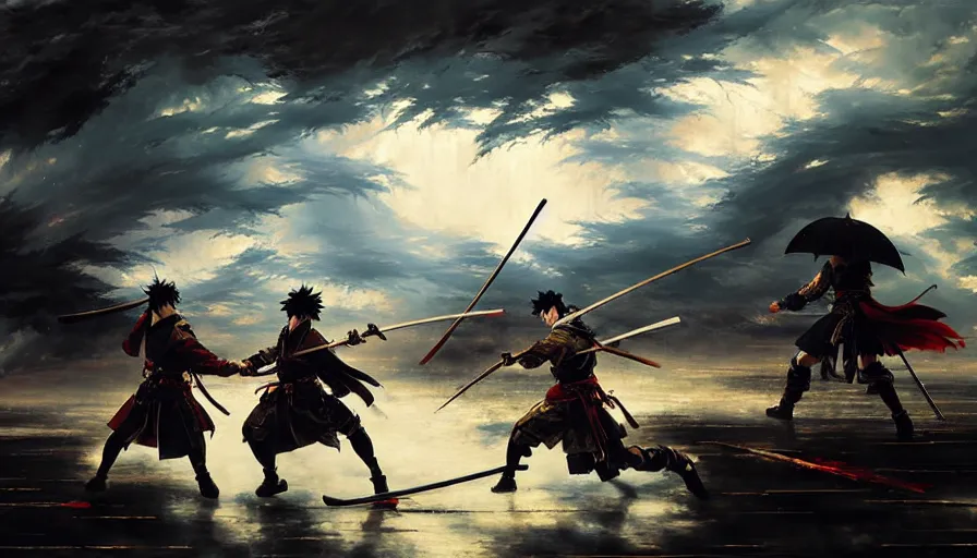 Image similar to baroque oil painting of key visual great samurai battle, rain, storm, final fantasy, fake detail, trending pixiv fanbox, acrylic palette knife, style of makoto shinkai takashi takeuchi yoshiyuki sadamoto greg rutkowski chiho aoshima