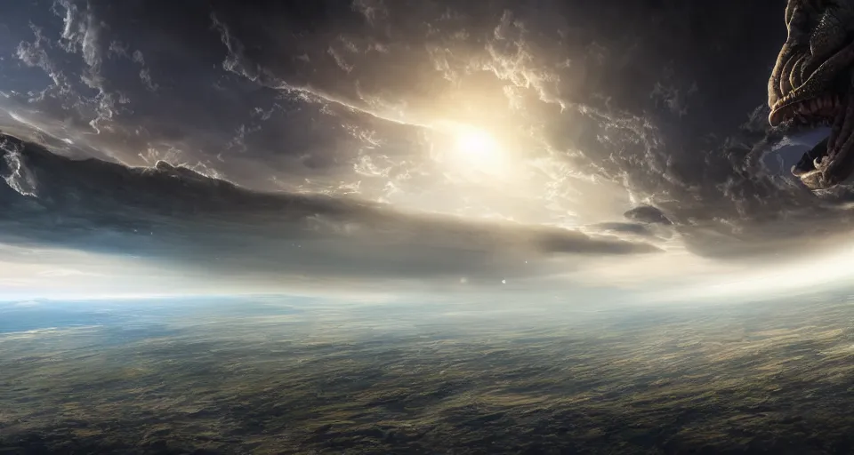 Prompt: dramatic panoramic picture of a frightening big snake coming from space crashing through the clouds about to hit earth. the snake is in the center of the picture. volumetric light highly detailed, focus on the snake, unreal render, trending on artstation