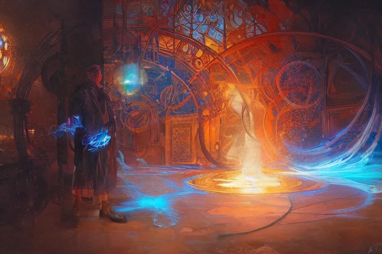 Image similar to arcs of blue flame intertwined with water, glinting particles of ice, dramatic lighting, steampunk, bright neon, holographic secret cyphers, red flowers, solar flares, intricate art by alphonse mucha and greg rutkowski